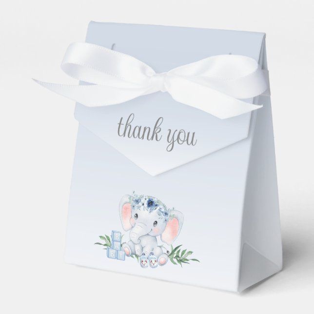 Cute Floral Elephant Boy Baby Shower Thank You Favour Box (Front Side)