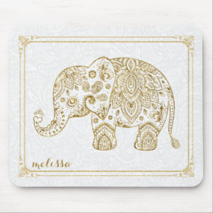 Cute Floral Elephant & Frame Gold Glitter On White Mouse Pad