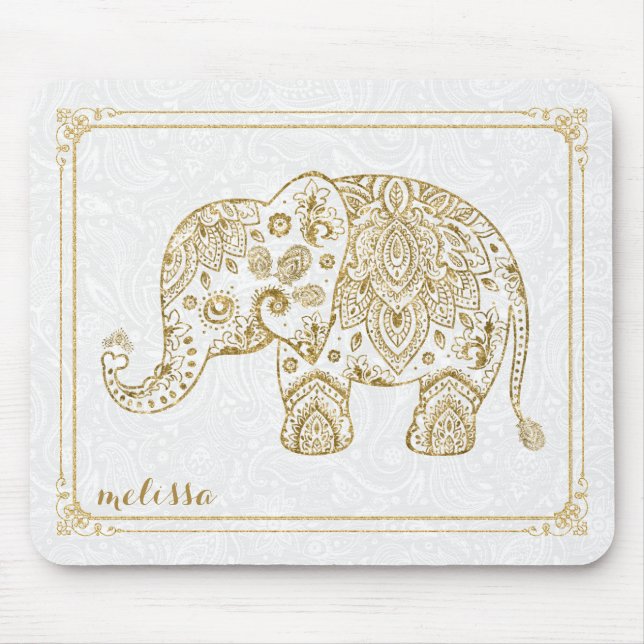 Cute Floral Elephant & Frame Gold Glitter On White Mouse Pad (Front)
