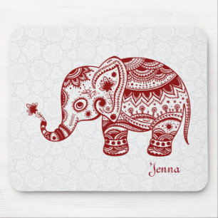 Cute Floral Elephant In Burgundy Red Mouse Pad