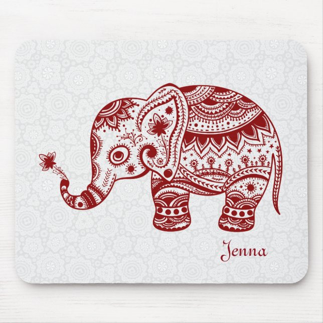Cute Floral Elephant In Burgundy Red Mouse Pad (Front)