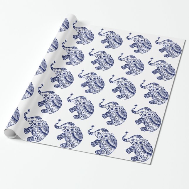 Cute Floral Elephant In White And Navy Blue Wrapping Paper (Unrolled)