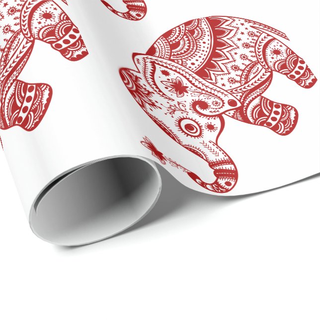 Cute Floral Elephant In White Burgundy Red Wrapping Paper (Roll Corner)