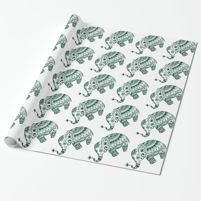 Cute Floral Elephant In White Forest Green Wrapping Paper (Unrolled)