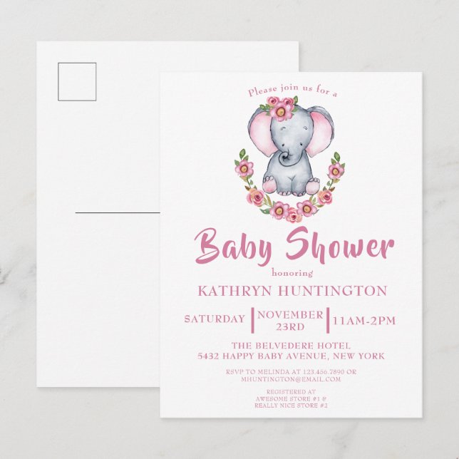 Cute Floral Elephant Pink Baby Shower Invitation P (Front/Back)