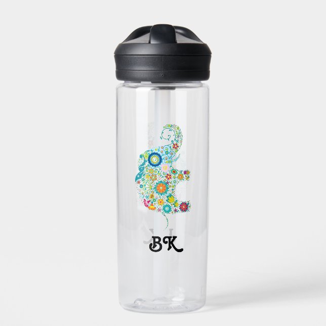 Cute floral elephant with custom monogram water bottle (Front)