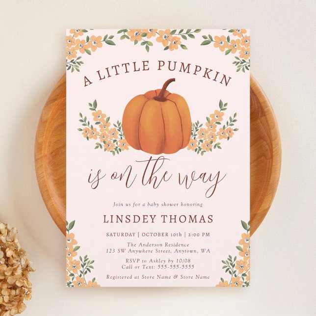 Cute Floral Fall Pumpkin Pink Baby Shower Invitation (Creator Uploaded)