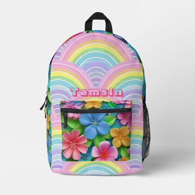 Cute Floral Fantasy & Rainbow Whimsy Personalised  Printed Backpack (Front)
