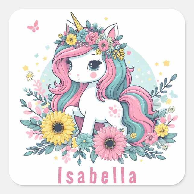 Cute Floral Fantasy Unicorn Girl's Enchanted World Square Sticker (Front)