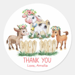 Cute Floral Farm Animals Thank You Classic Round Sticker
