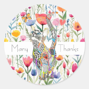 Cute Floral Flowers Cat Thank You Stickers