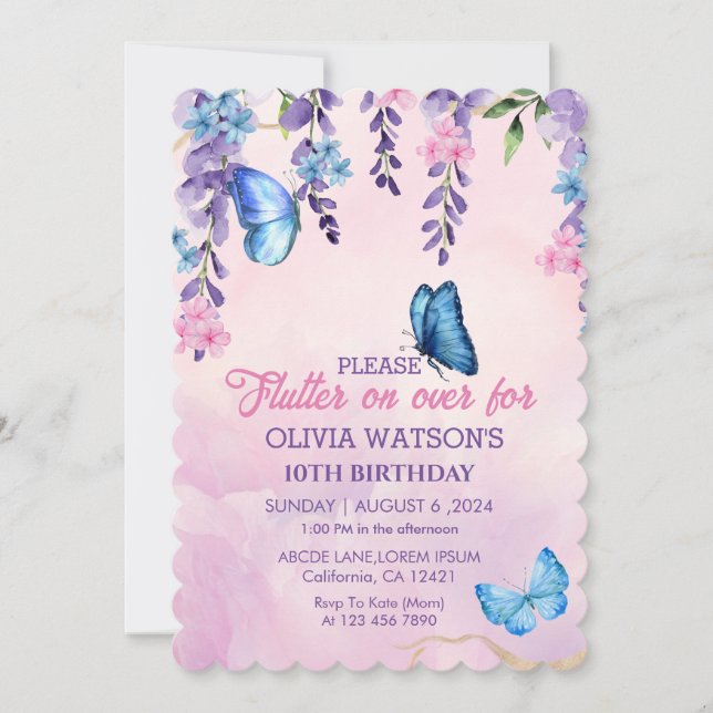 Cute Floral flutter on over Butterflies Birthday Invitation (Front)