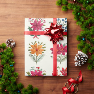 Cute Floral Folk Christmas Wrapping Paper