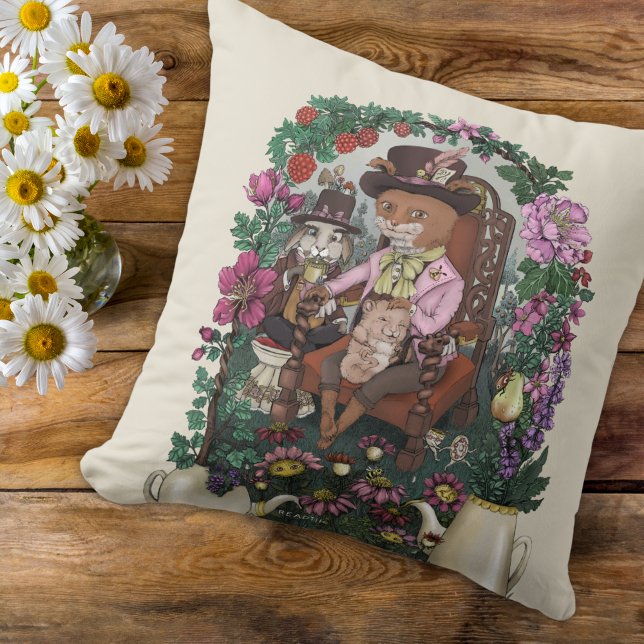 Cute Floral Fox Mad Hatter Alice in Wonderland Art Cushion (Creator Uploaded)