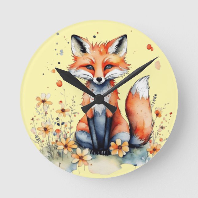 Cute floral fox round clock (Front)