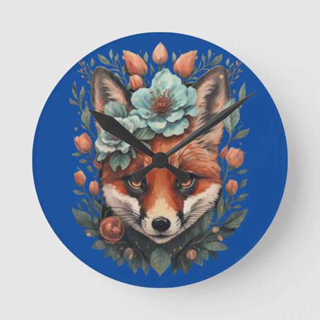 Cute floral fox round clock (Front)