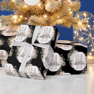 Cute Floral Frame Bridal Shower Personalised Black Wrapping Paper