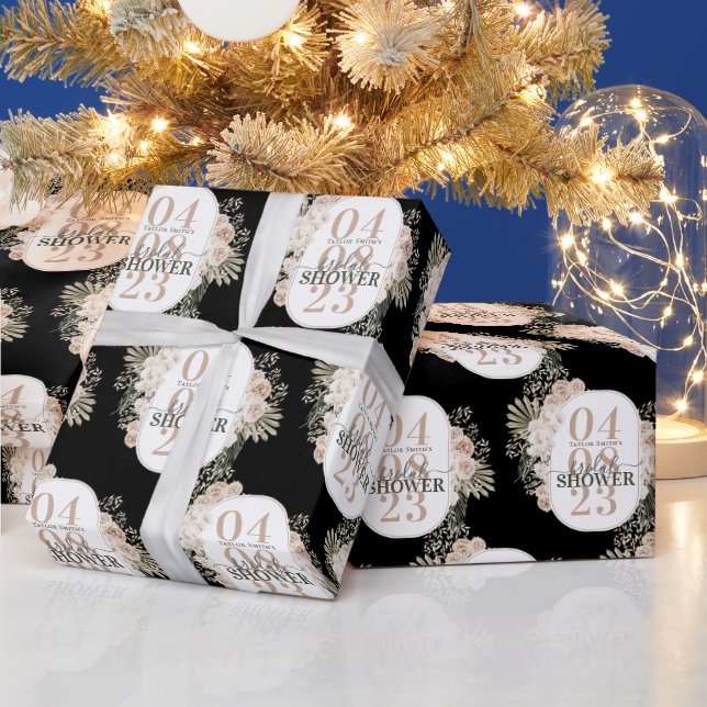 Cute Floral Frame Bridal Shower Personalised Black Wrapping Paper (Holidays)