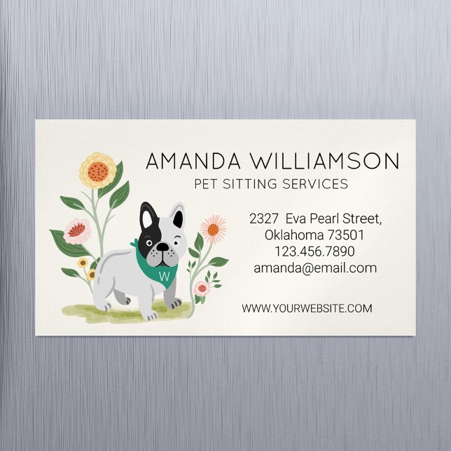 Cute Floral French Bulldog Pet Care Services Magnetic Business Card (Cute Floral French Bulldog Pet Care Services Business Card Magnet)
