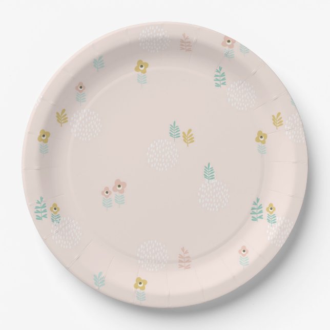 Cute Floral Garden Cartoon 1st Birthday Party Paper Plate (Front)