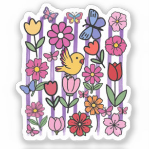 Cute Floral Garden Doodle Sticker Bird Butterfly