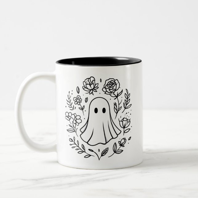 Cute Floral Ghost Black and White Halloween Two-Tone Coffee Mug (Left)