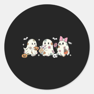 Cute Floral Ghost Drinking Coffee Halloween Ghost Classic Round Sticker