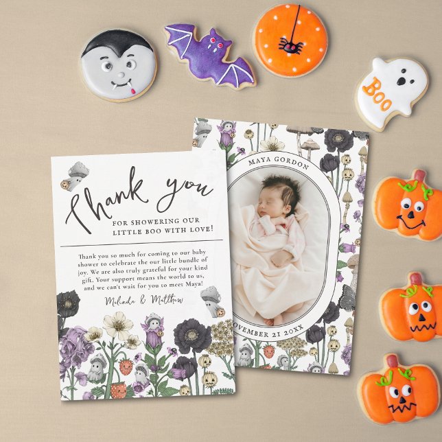 Cute Floral Ghost Halloween Baby Shower Thank You  Card (Halloween Baby shower photo thank you cards)