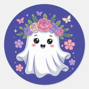 Cute Floral Ghost Kawaii Halloween Ghost Classic Round Sticker