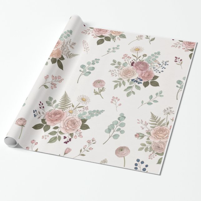 Cute Floral Gift Wrap – Sweet Flower Pattern Wrapp (Unrolled)