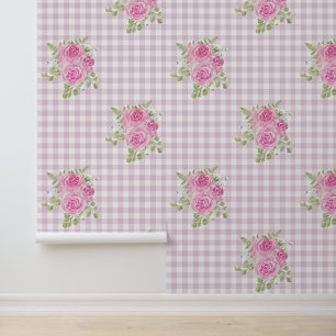 Cute Floral Gingham Pink Nursery Peel and Stick Wallpaper