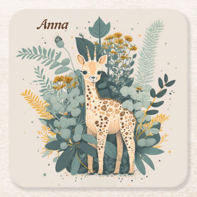 Cute floral giraffe  square paper coaster (Front)