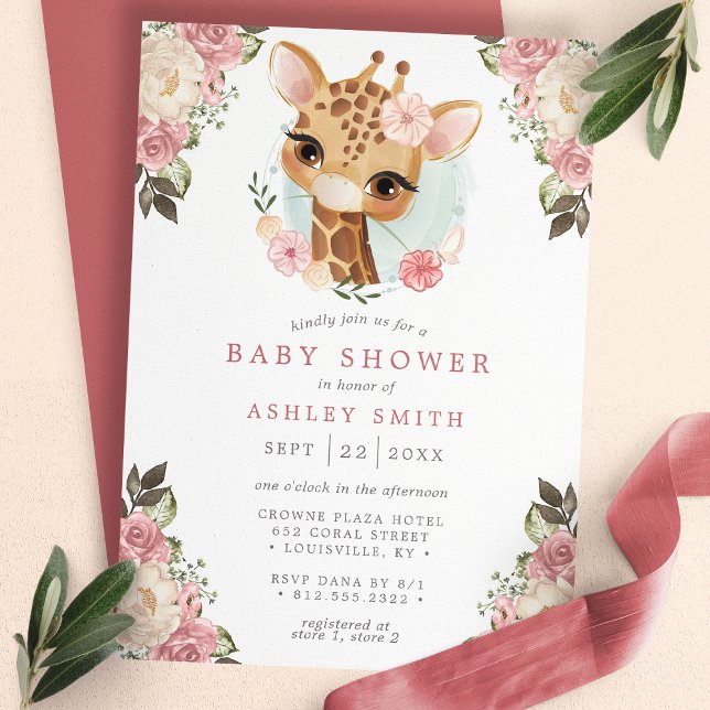 Cute Floral Giraffe Watercolor Girl Baby Shower Invitation (Creator Uploaded)