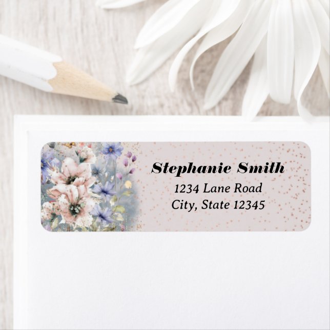 Cute Floral Glitter Personalised Return Address Label (Insitu)