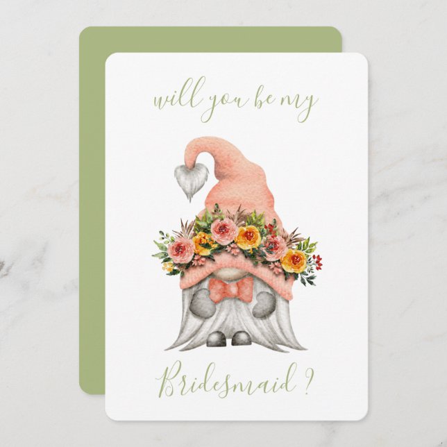 Cute Floral Gnome Will You Be My Bridesmaid Invitation (Front/Back)