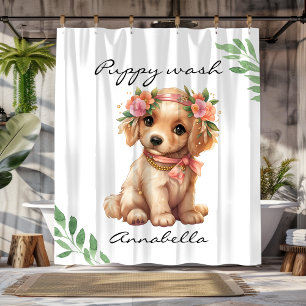 Cute Floral Golden Retriever Puppy Shower Curtain