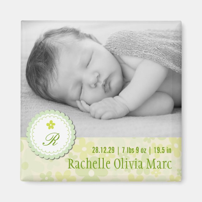 Cute Floral Green Daisies Birth Announcement Photo Magnet (Front)