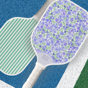 Cute floral green stripe blue pickleball paddle