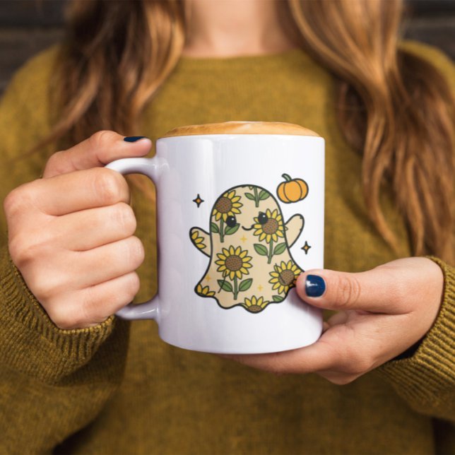 Cute Floral Halloween Ghost Sunflower Pattern Coffee Mug (Creator Uploaded)