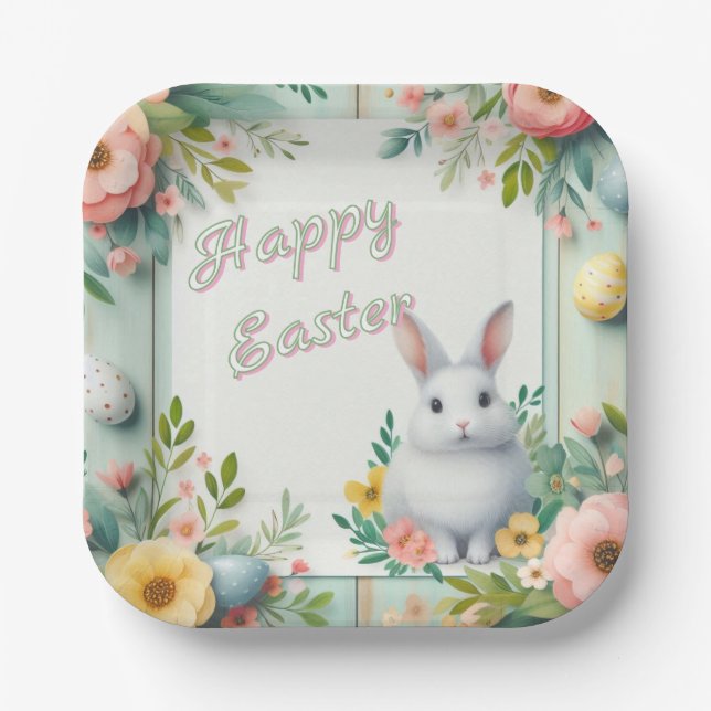 Cute, floral happy Easter bunny Paper Plate (Front)