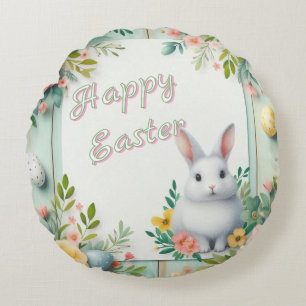 Cute, floral happy Easter bunny Round Cushion