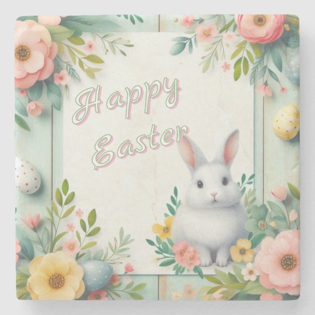 Cute, floral happy Easter bunny Stone Coaster (Front)