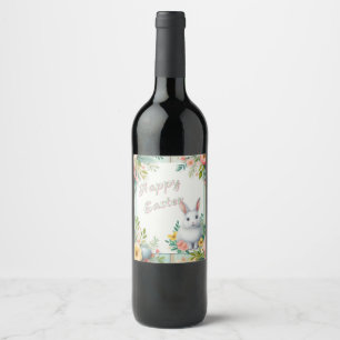 Cute, floral happy Easter bunny Wine Label