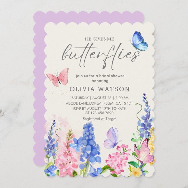 Cute Floral He Gives Me Butterflies Bridal Shower Invitation (Front/Back)