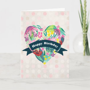 Cute Floral Heart in Pink and Green Birthday Card