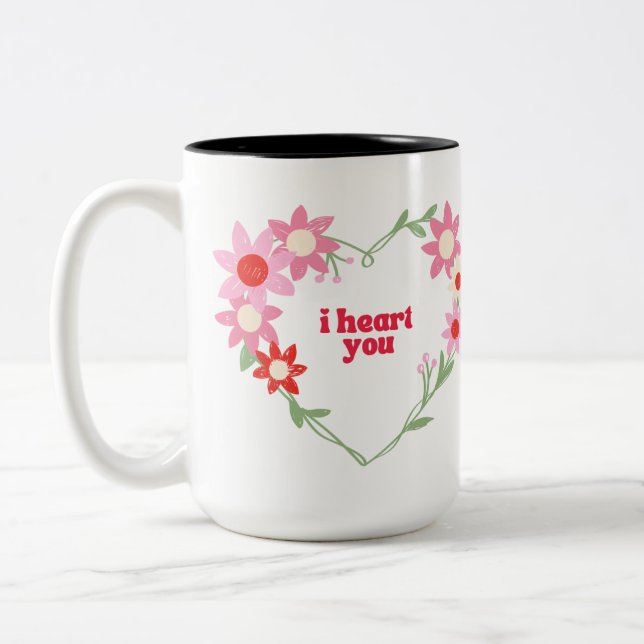 Cute floral heart Valentine's day Two-Tone Coffee Mug (Left)