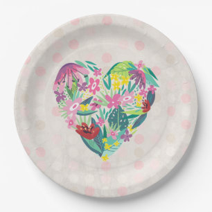 Cute Floral Heart with Tropical Flowers Birthday Paper Plate