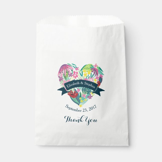 Cute Floral Heart with Tropical Flowers Wedding Favour Bag (Front)