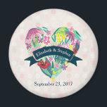 Cute Floral Heart with Tropical Flowers Wedding Magnet<br><div class="desc">A personalised wedding magnet. Customise with your names inside a blue-green ribbon layered over a charming heart filled with flowers and leaves in pink, green and yellow colours. The background is a faded pattern with circles in light pink and white. Summery and whimsical design with a vintage flair. Add your...</div>