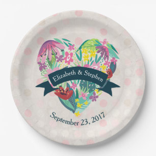 Cute Floral Heart with Tropical Flowers Wedding Paper Plate